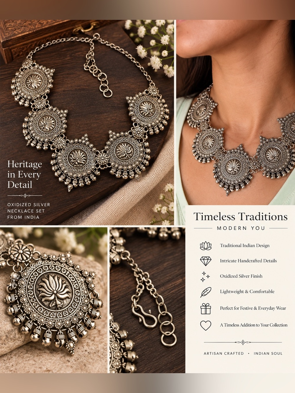 Handmade Indian Oxidized Silver-Tone  Necklace - Traditional Floral Medallion